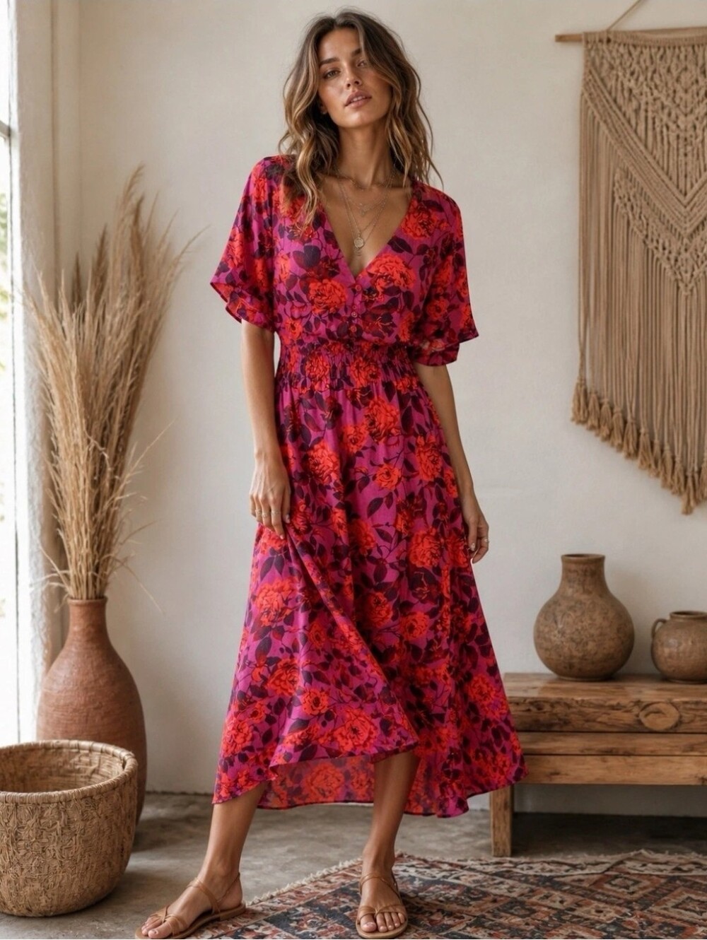 Anthro Abel The Label Boho Floral Midi Dress Hi Low Flutter Sleeve Small